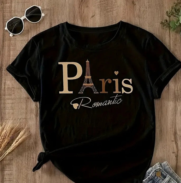 Black Tee Shirt Paris Motif