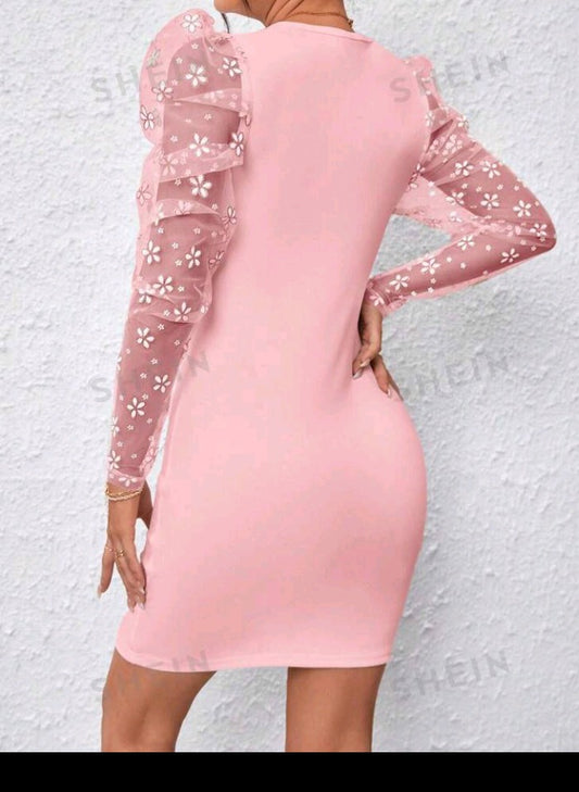 Lace Sleeved Pink Dress