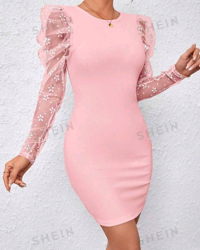 Lace Sleeved Pink Dress